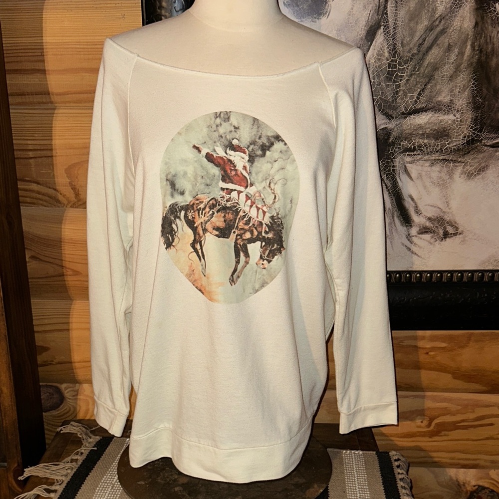 White Sweatshirt with Rodeo Horse Graphic Santa Bronc
